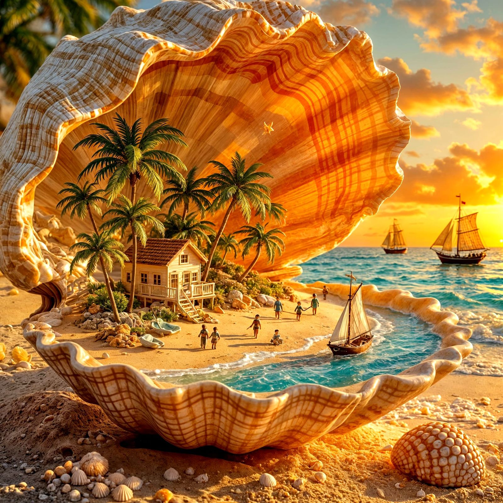 3 Likes.  Bungalows and a beach inside a giant shell