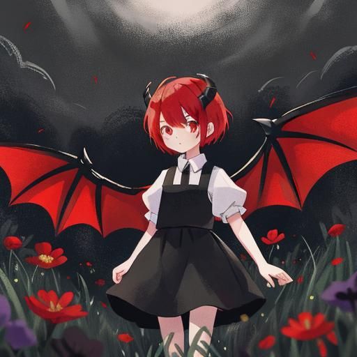 Girl with Dragon Wings in Black Flower Field