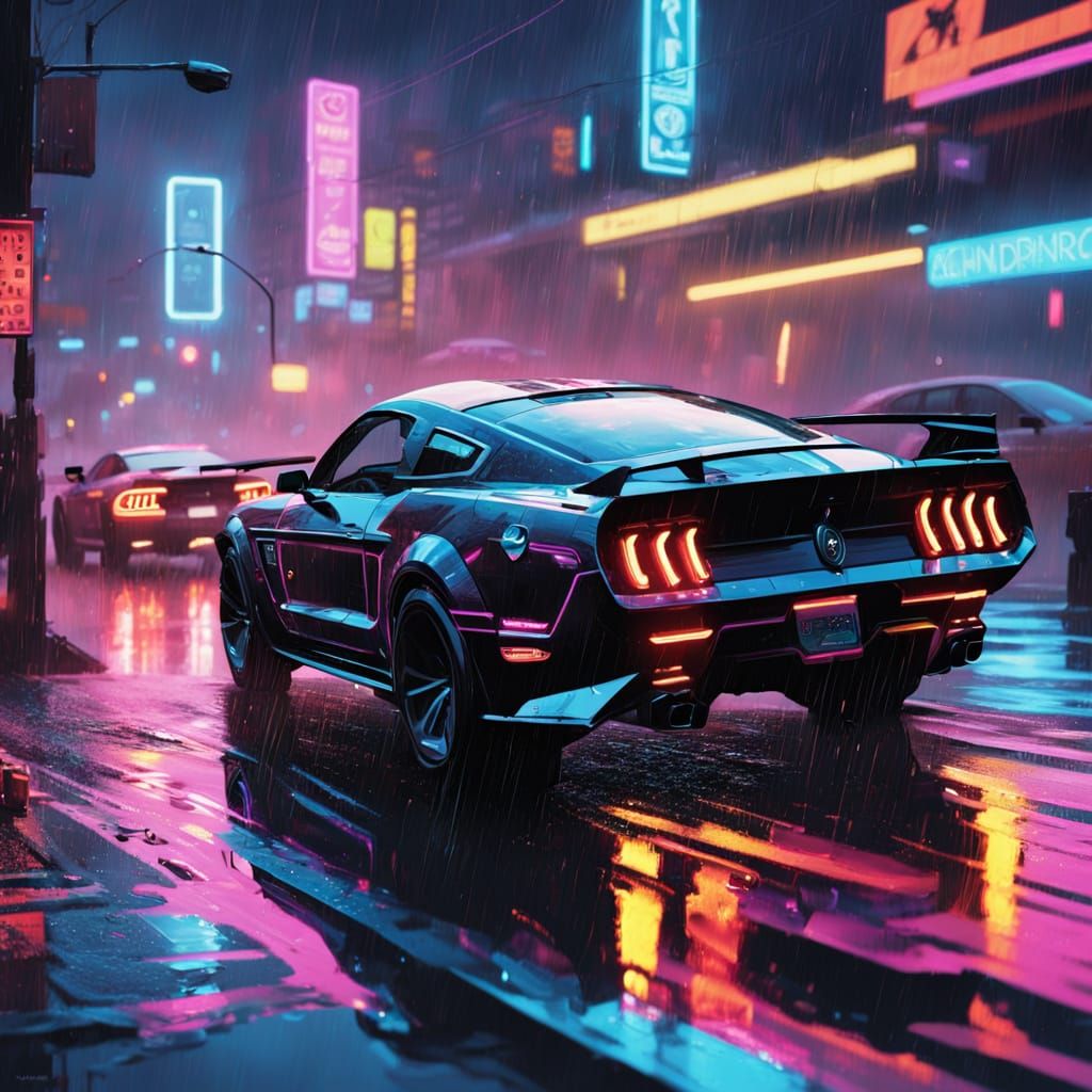 Cyberpunk Shelby GT500 Speeds Through a Neon Noir Cityscape
