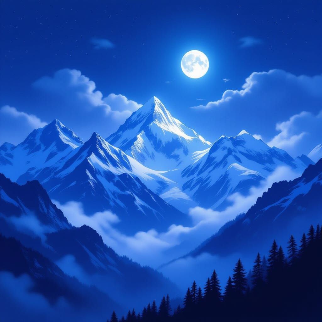 Moonlit Snow Mountains in Romantic Landscape Style