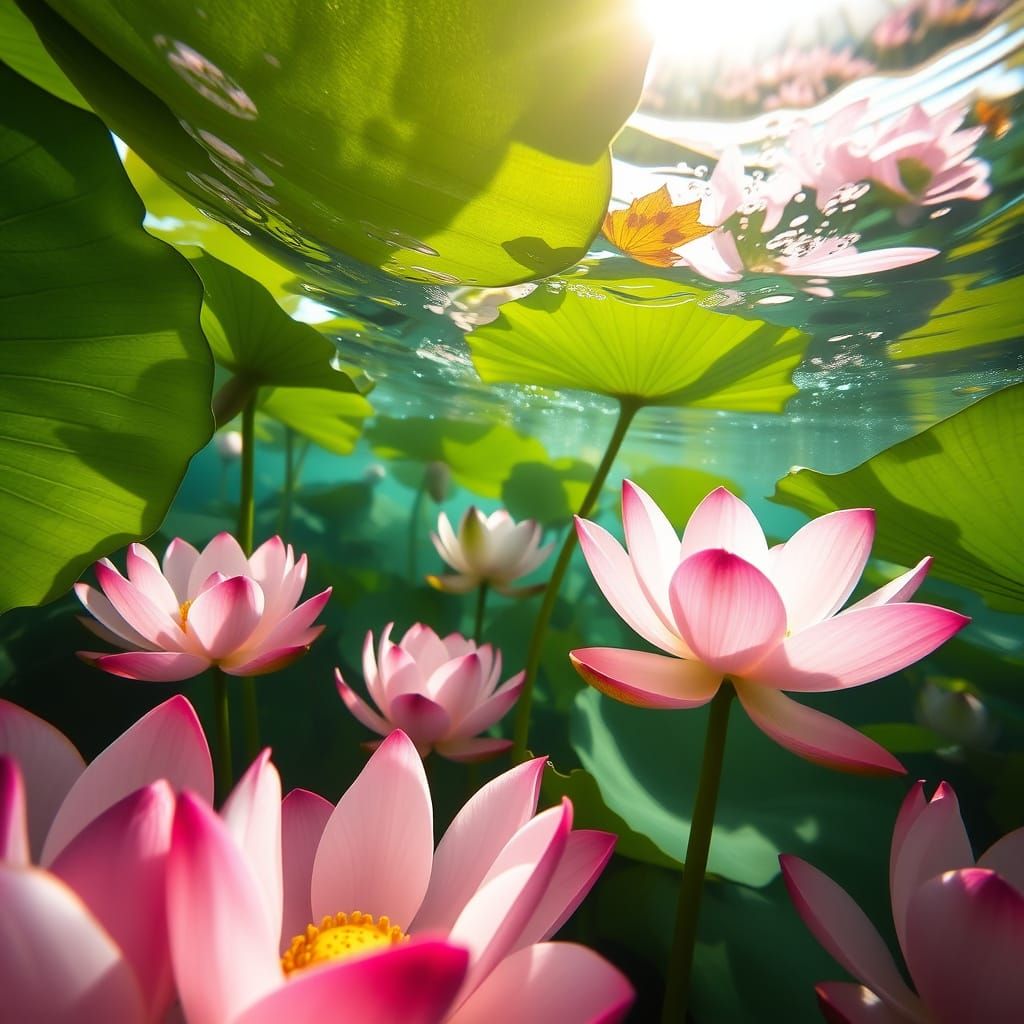 Underwater Lotus Flowers in Summer Pond: Ecological Photogra...