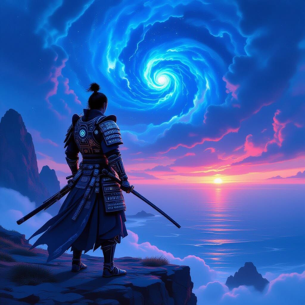 Samurai Warrior on Alien Ocean Cliff