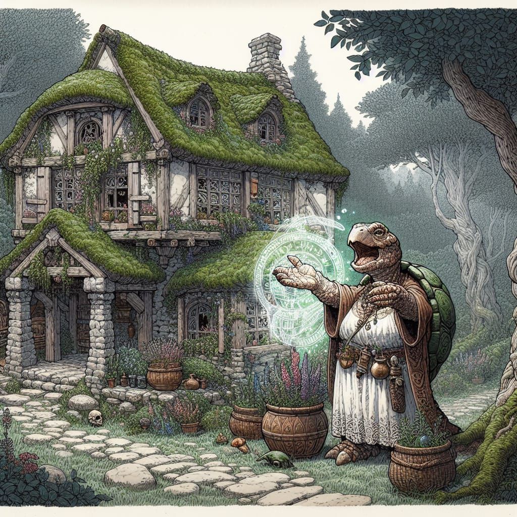 Turtle Druid Croons to Herb Garden in Whimsical Scene
