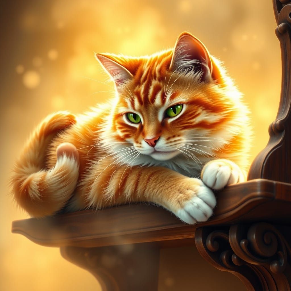 Warm Ginger Cat Slumbers on Wooden Shelf in Ethereal Mist