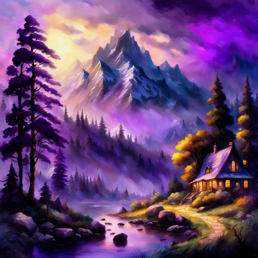 Ethereal Purple Fantasy Landscape in Gouache Style