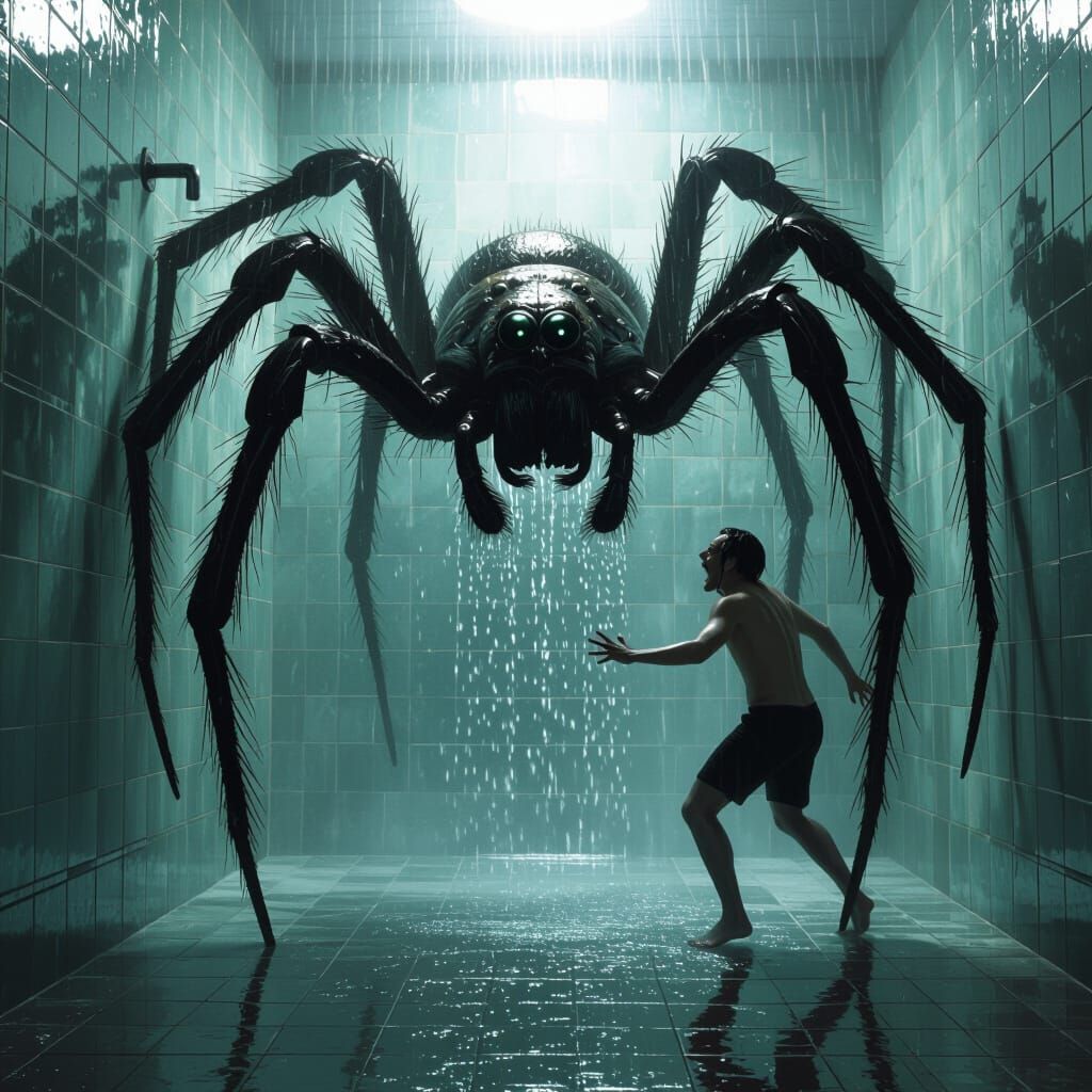Giant Spider in Shower, Terrified Human Encounter