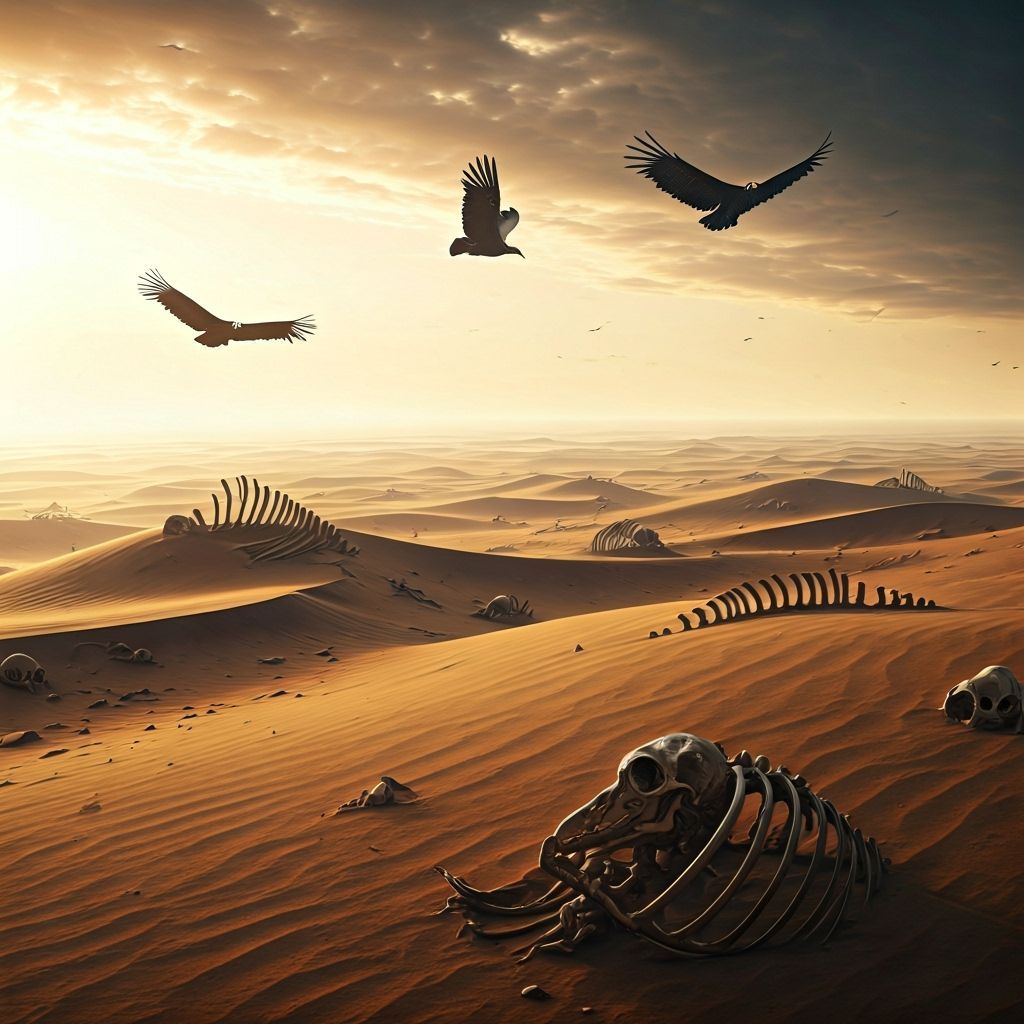 Vultures Soar Over Desert Bones in Vast Ocean