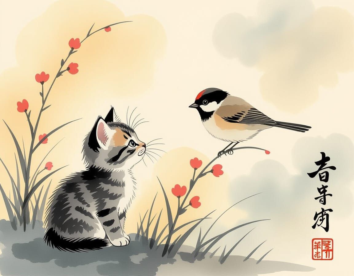 Kitten and Sparrow in Japanese Watercolor Style