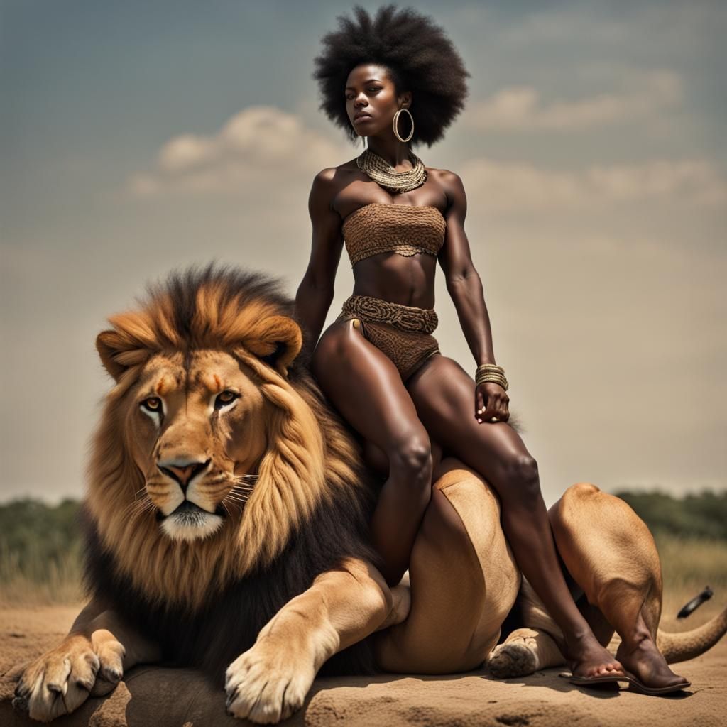 Muscular African Girl Riding a Lion