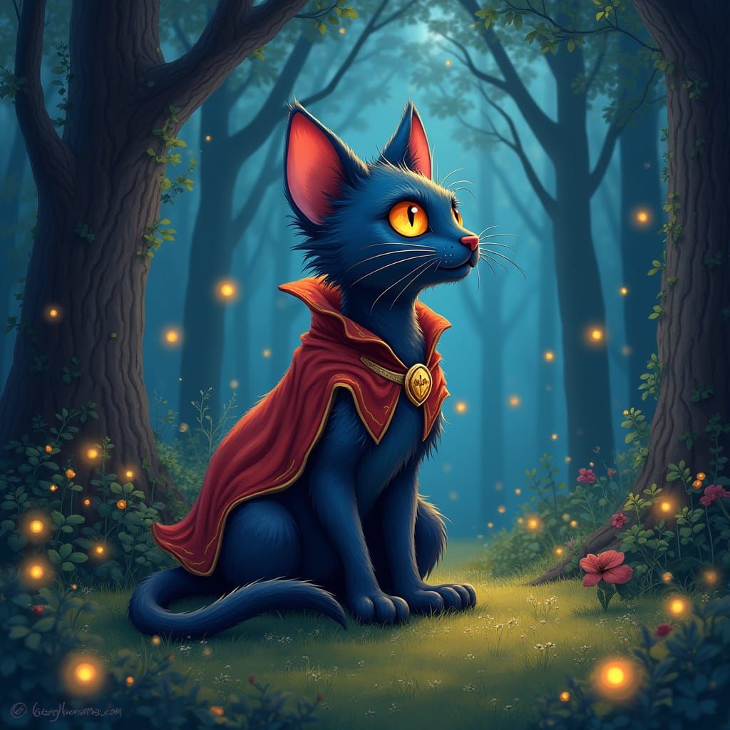 Mystical Feline Goddess Surrounded by Glowing Fireflies in W...