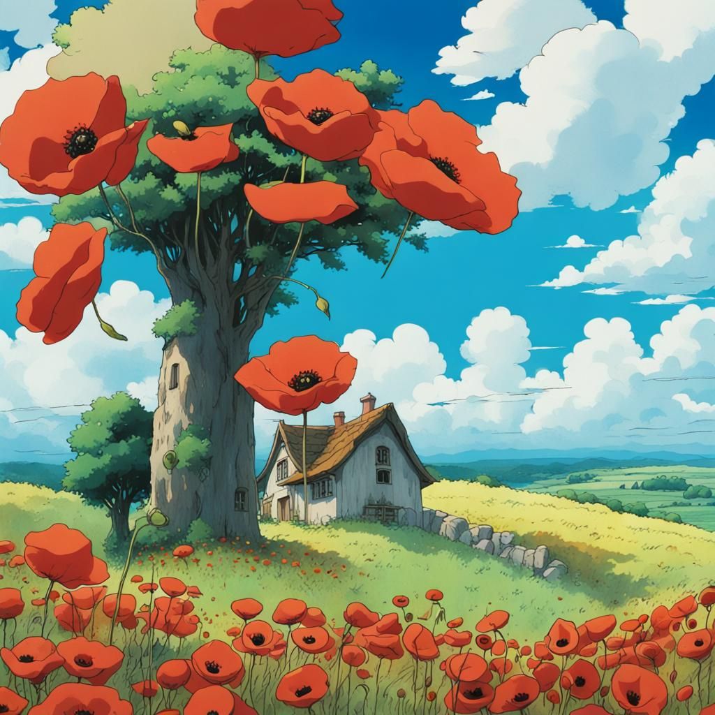 Beautiful Countryside in the style of Studio Ghibli