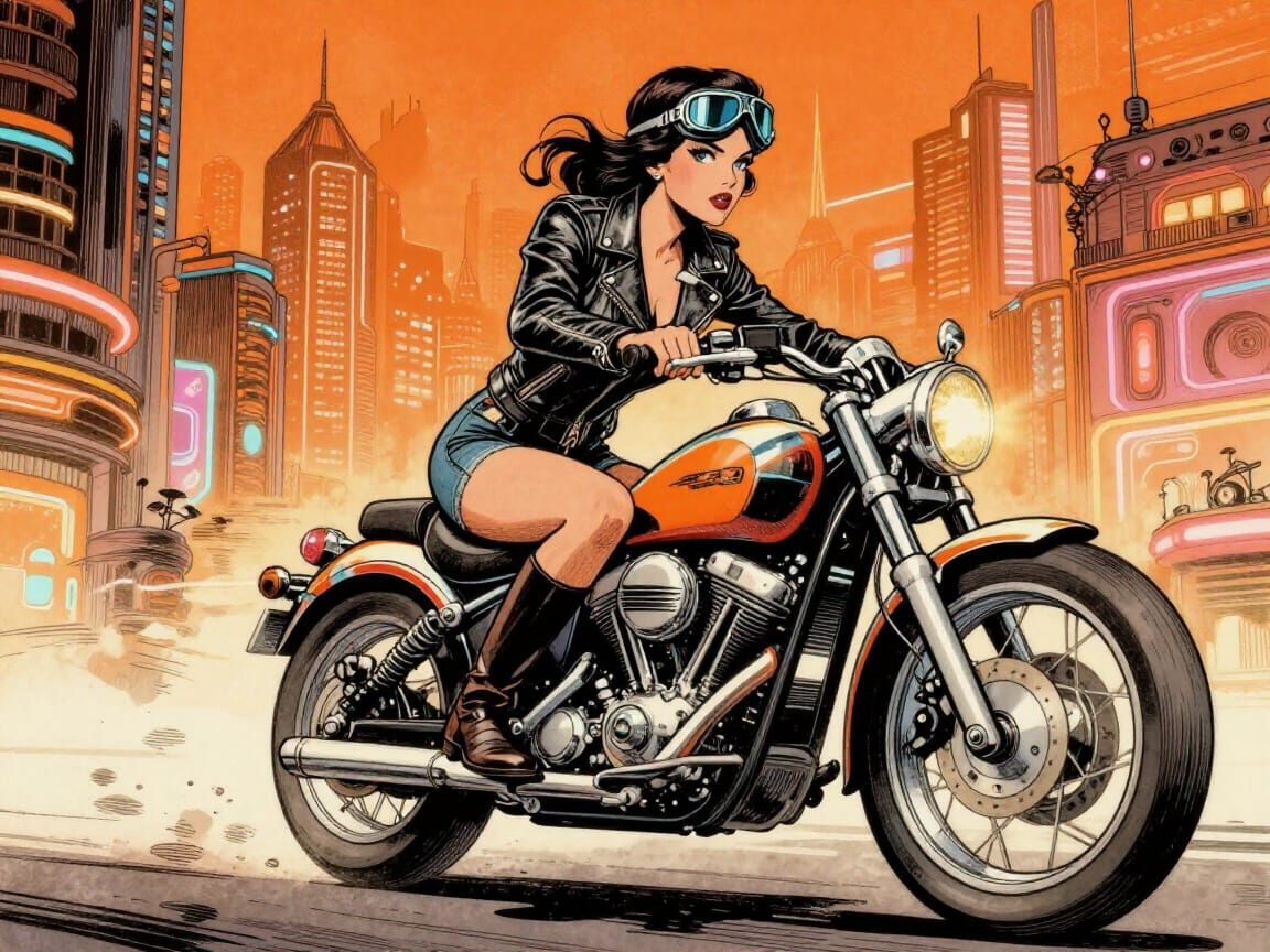 Rockabilly Rider in Orange Solarpunk City