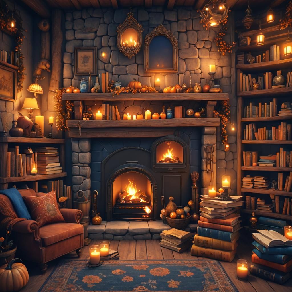 Whimsical Fantasy Cottage Interior with Fireplace