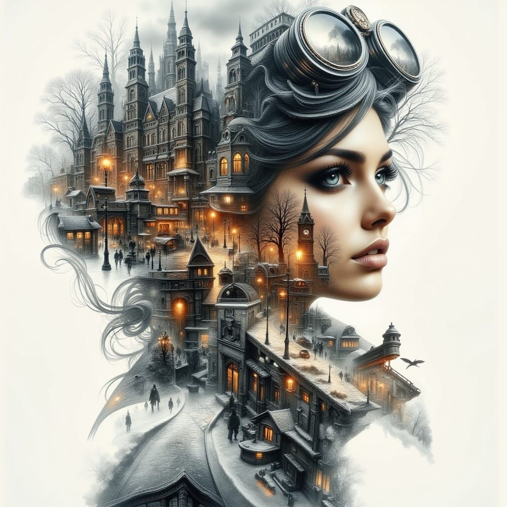 Steampunk Double Exposure: City and Face in Contrast
