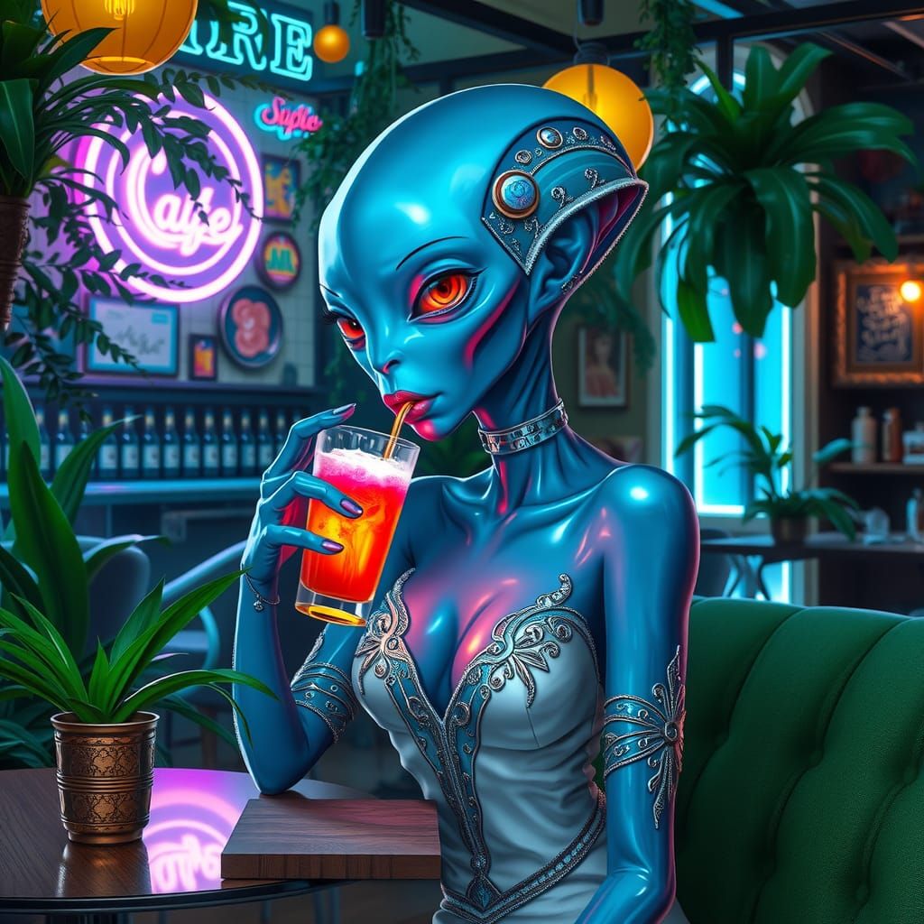 Alien Beauty at Retro-Futuristic Cafe