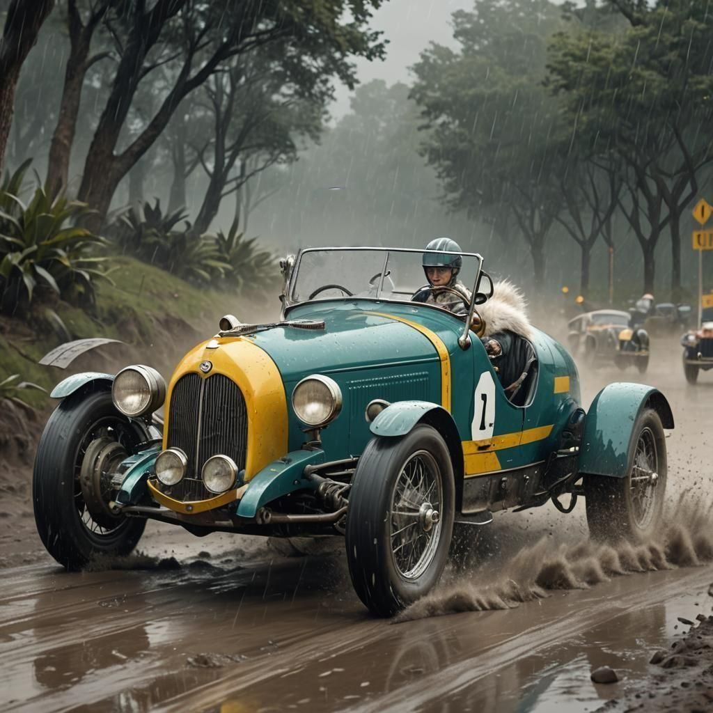 Felinoid Racer in 1930s Car, Detailed Matte Painting
