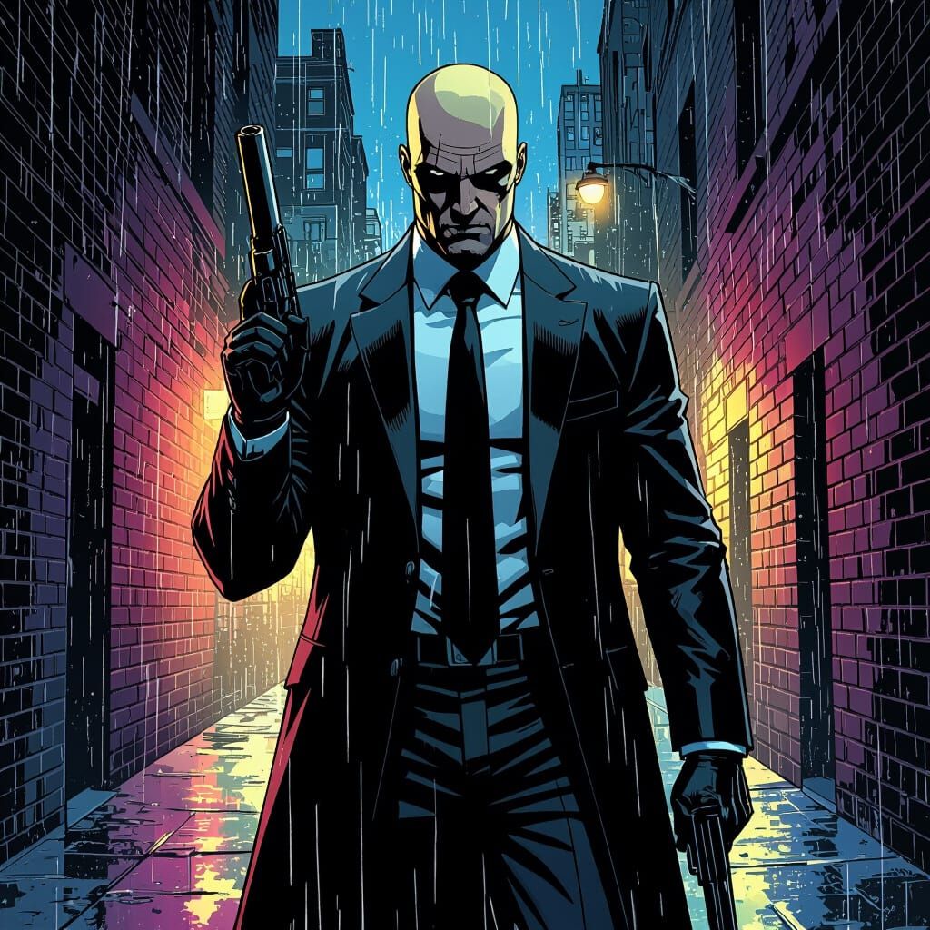 Agent 47 in Rainy Alley, Comic Book Art