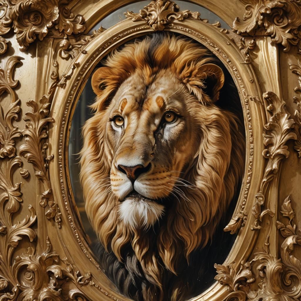 Baroque Lion Portrait in Gilded Mirror