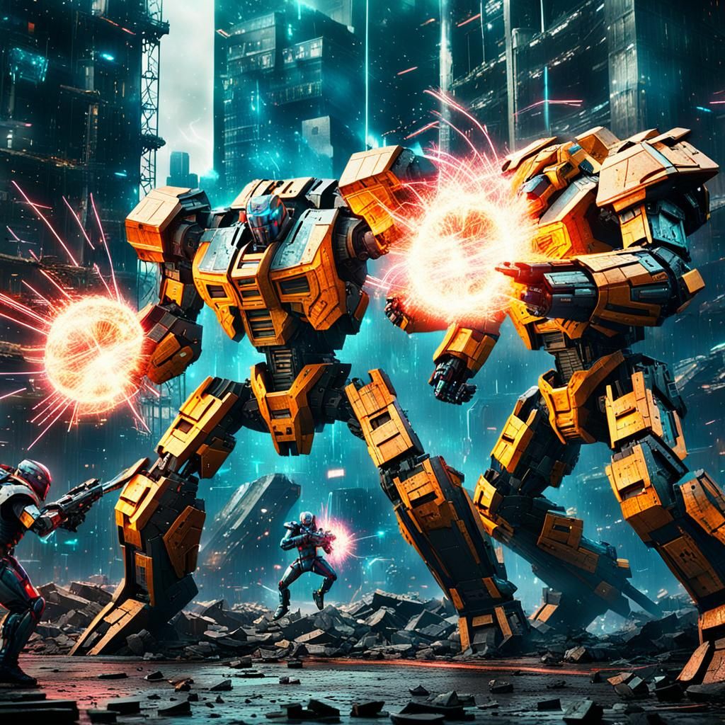 Mechas Clash in Dystopian Cityscape: Cinematic Film Still