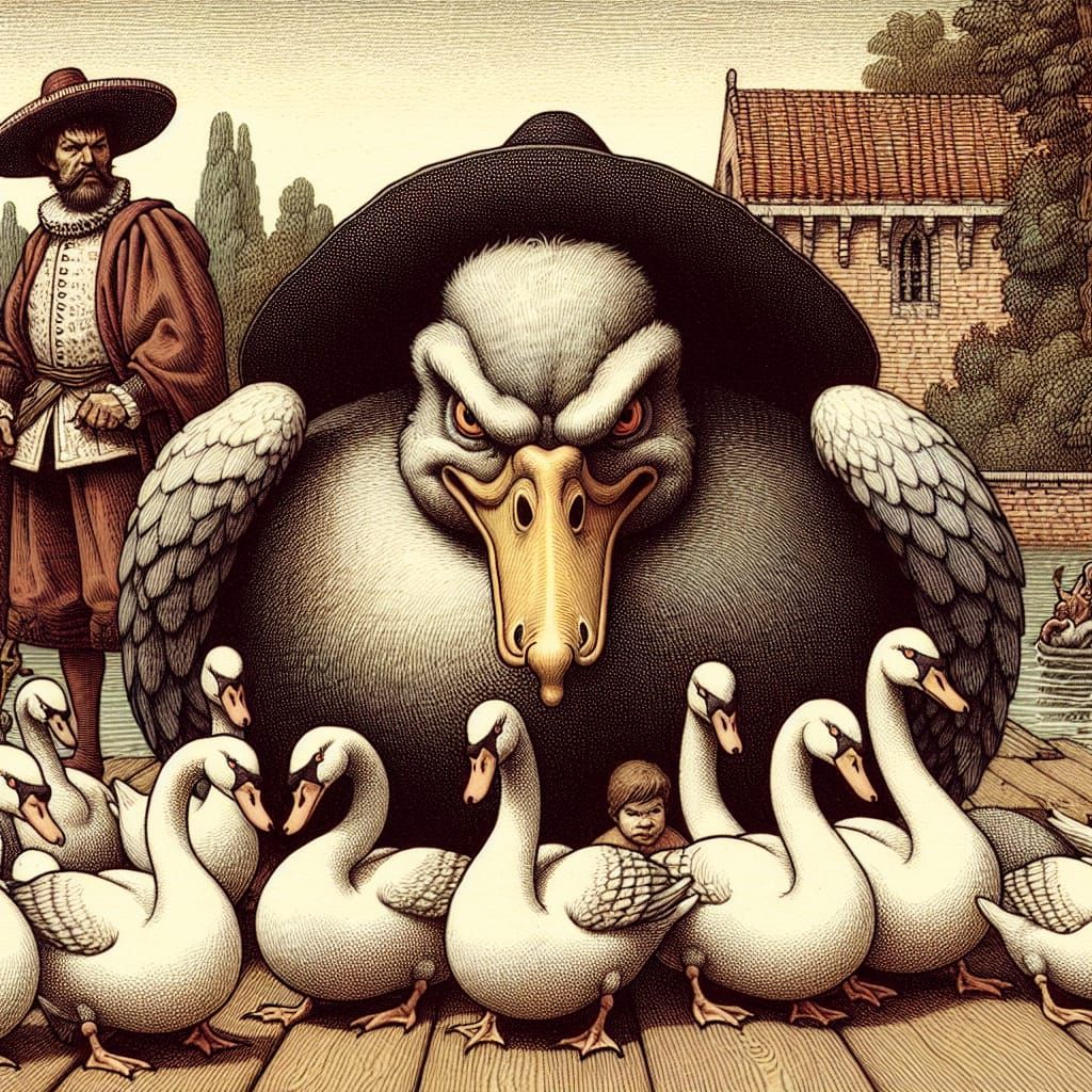 Renaissance Storybook Scene with Man, Swans and Duck