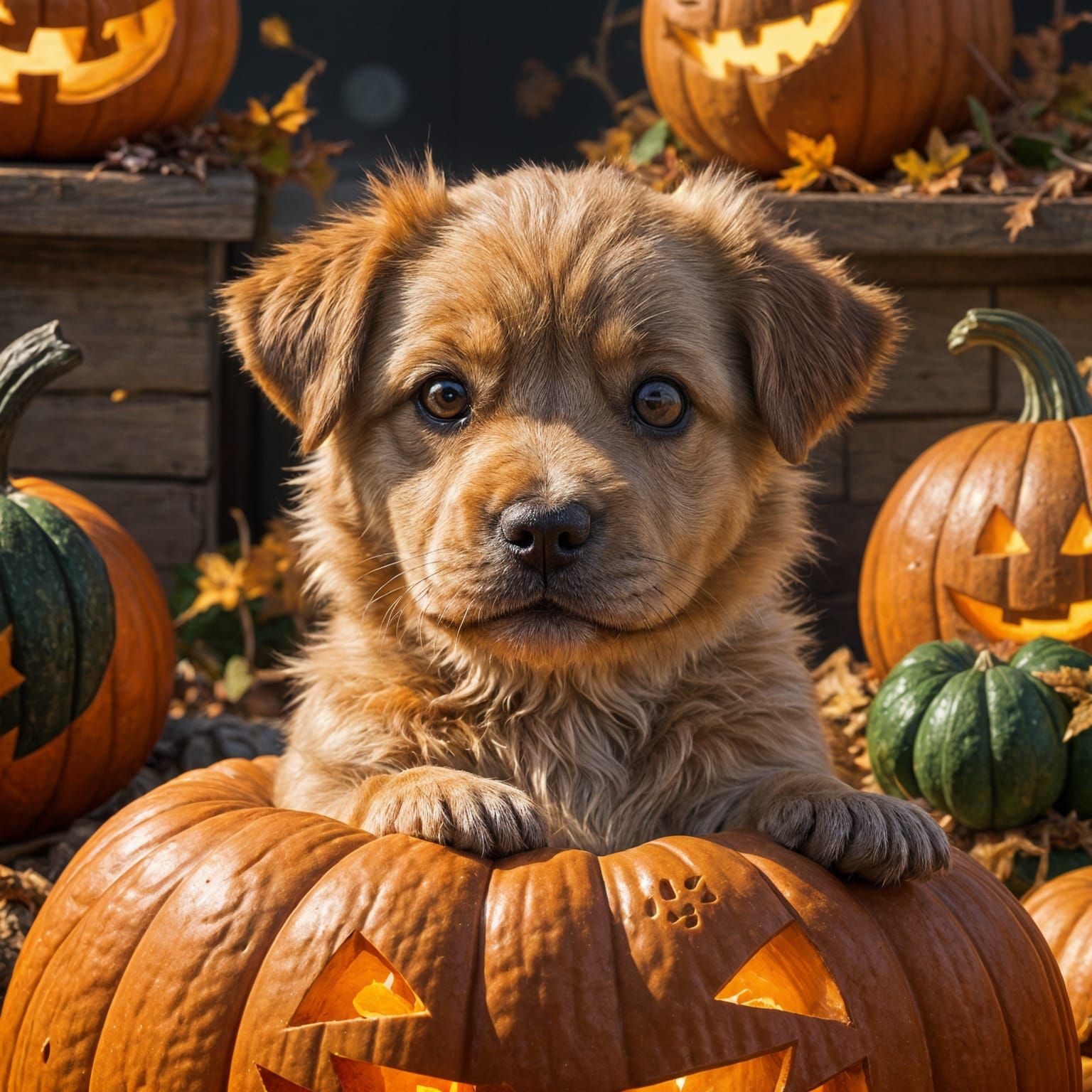 Adorable Puppy Peeks Out of Jack-o'-Lantern