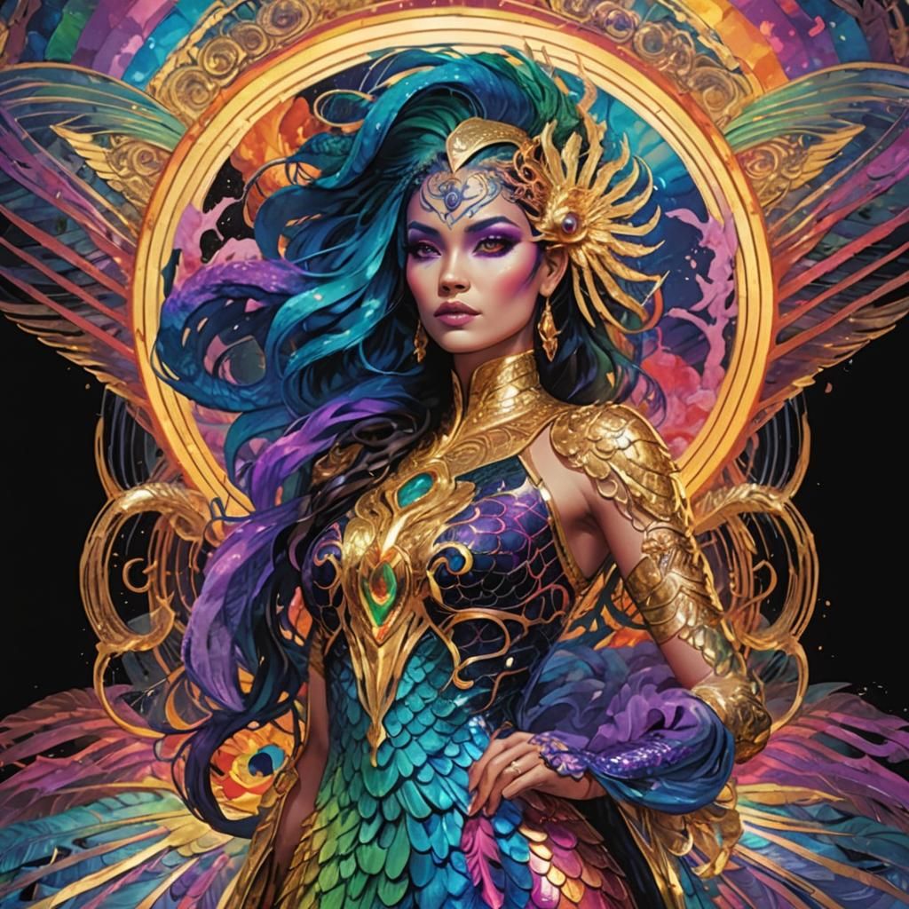 Rainbow Dragon Woman in Comic Book Style