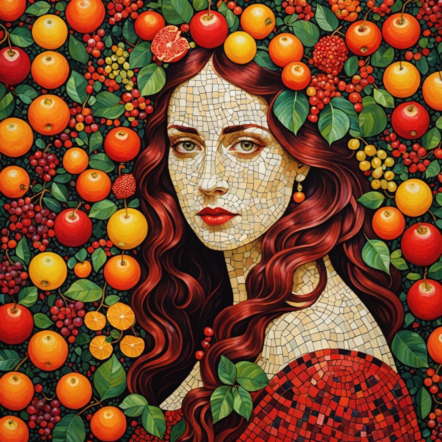 Lady in Red Fruit Mosaic, Klimt Style