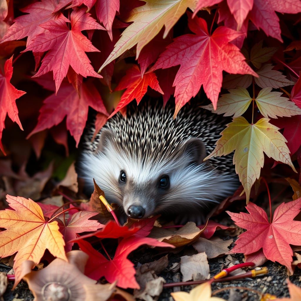 Hedgehog Peeking From Red Maple Leaves