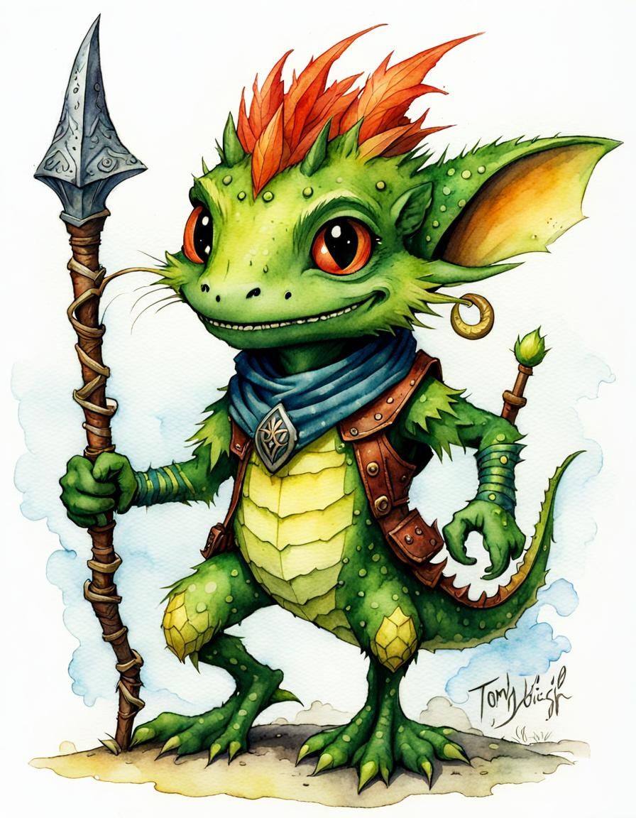 Watercolor Greenskin Kobold in Whimsical Style