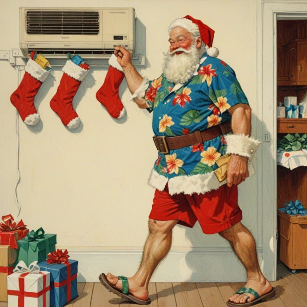 Santa Claus in Hawaiian Attire Leaving Gifts, Norman Rockwel...