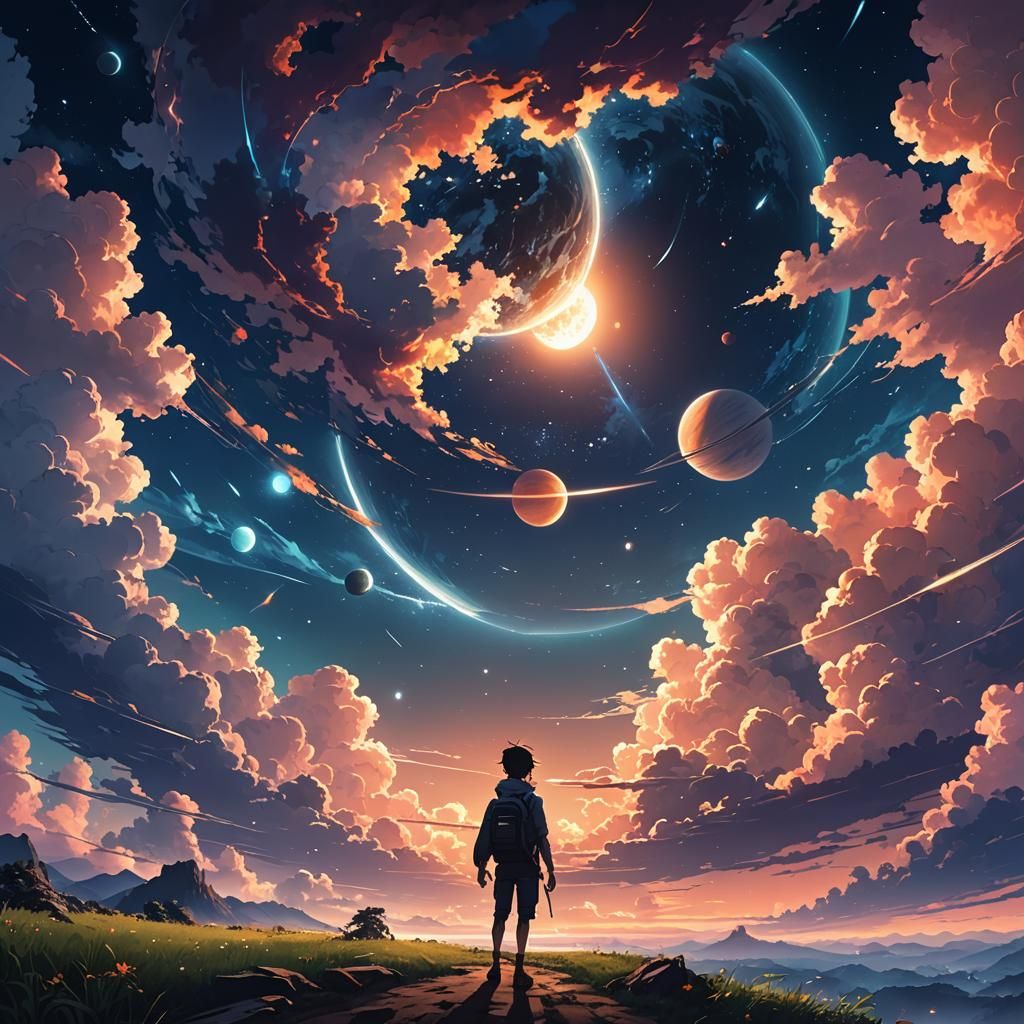 Celestial Anime Planet in Night Sky Scenery