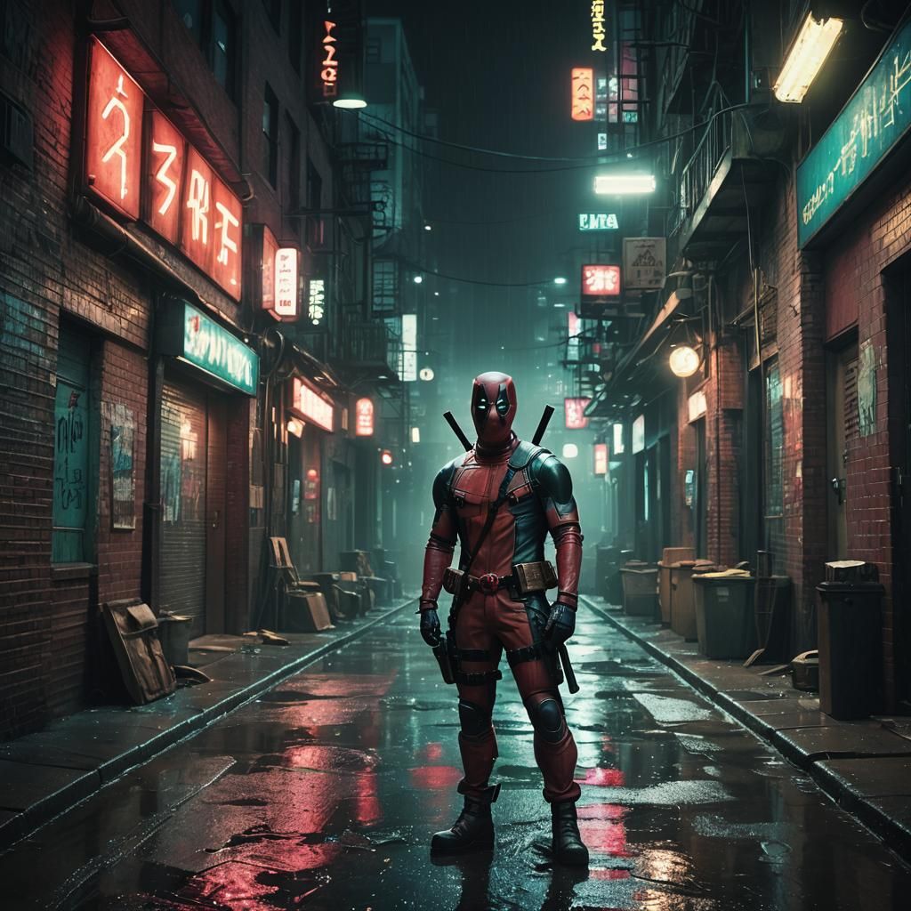 Deadpool in Dark Alley: Cinematic Film Still