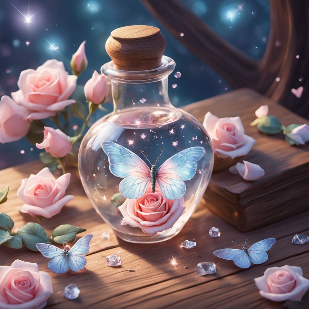 Heart-Shaped Crystal Potion Vial in Gouache Style