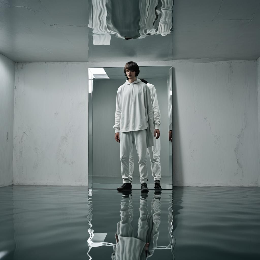 Eerie Surreal Scene: Floating Person and Uncanny Mirror