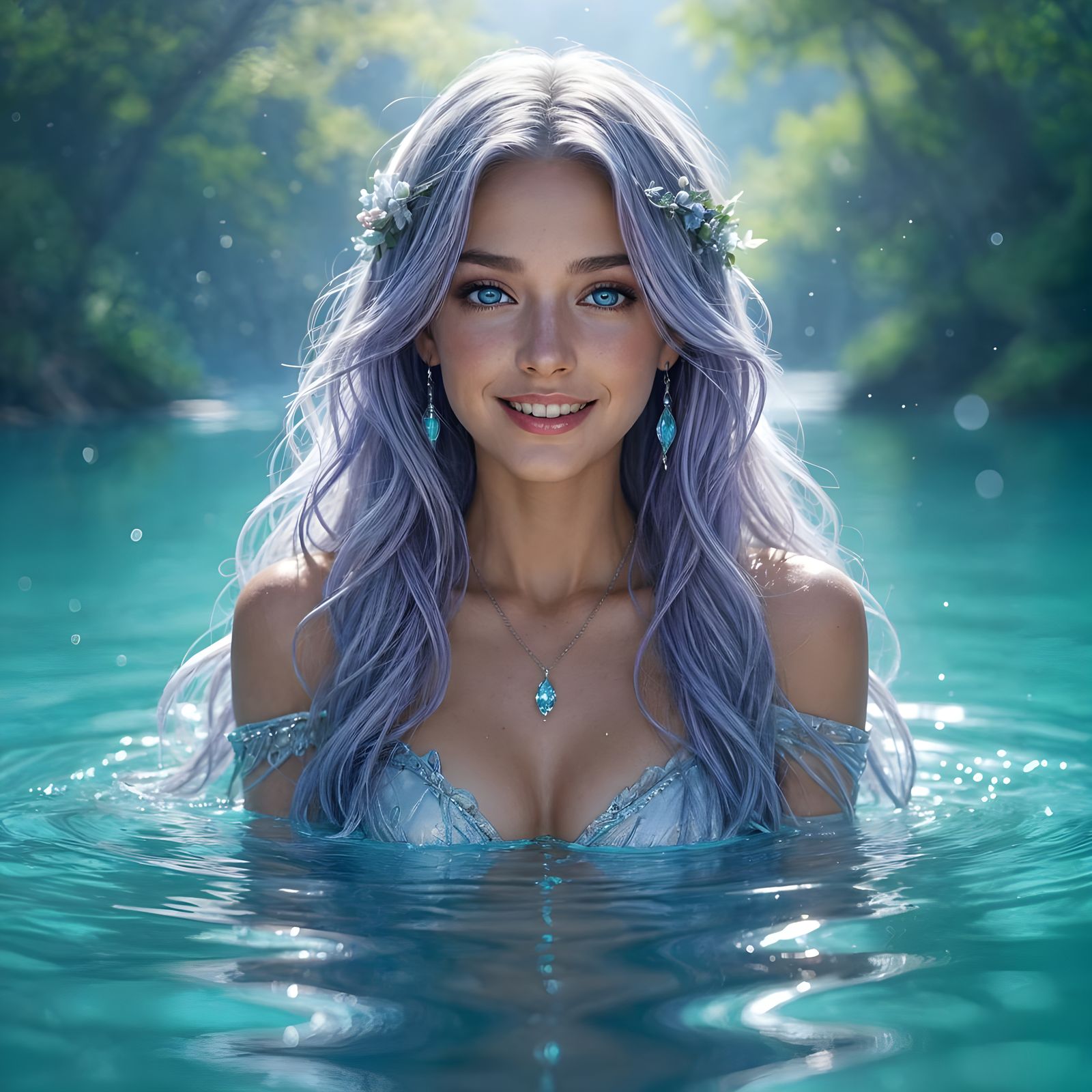 Ethereal Water Nymph Emerges from Crystal Lake