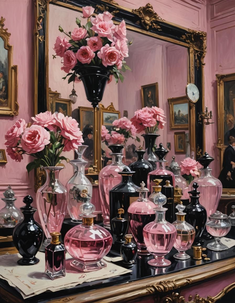 Elegant Pink and Black Perfume Parlor as Oil Painting