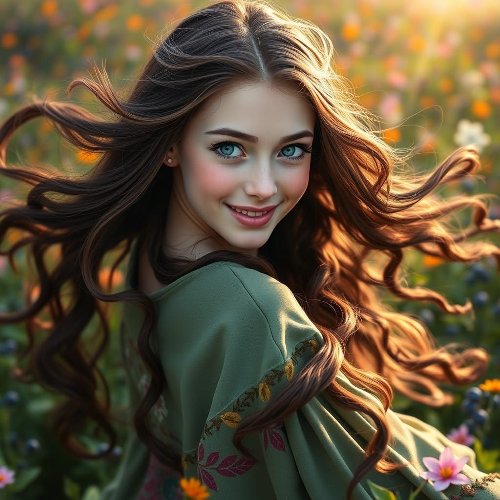 Nordic Princess with Vibrant Hair and Teal Eyes, Surrounded....