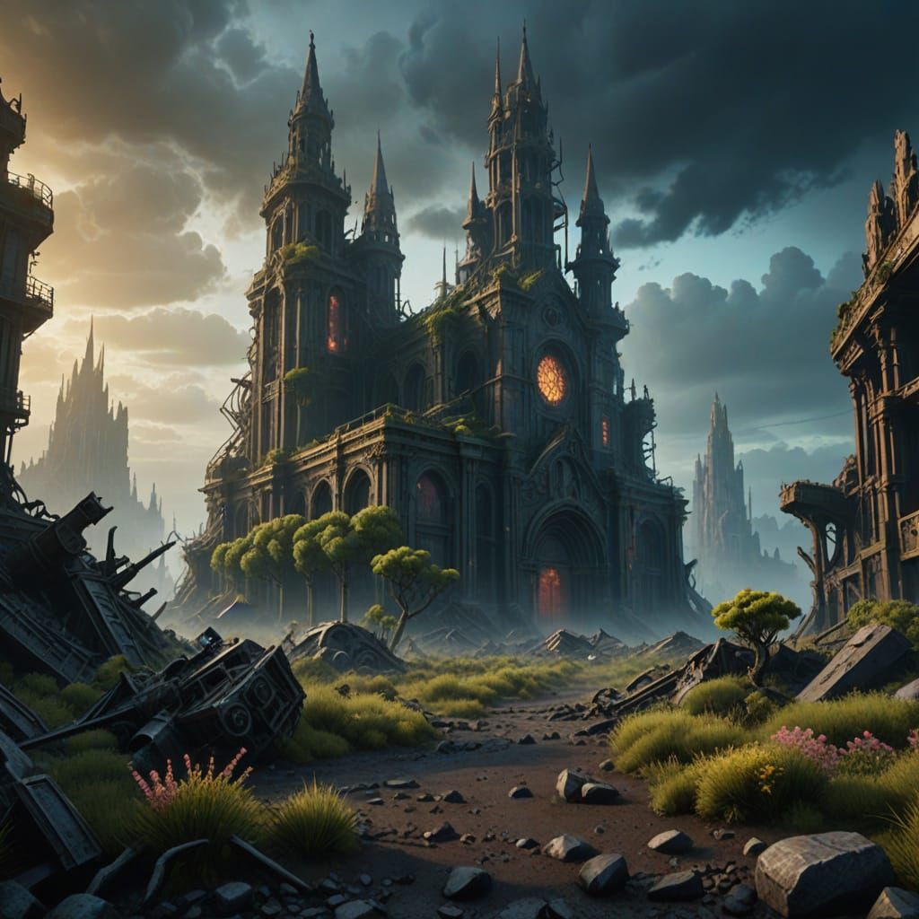 Surreal Nuclear Wasteland with Towering Megachurches in a Cy...