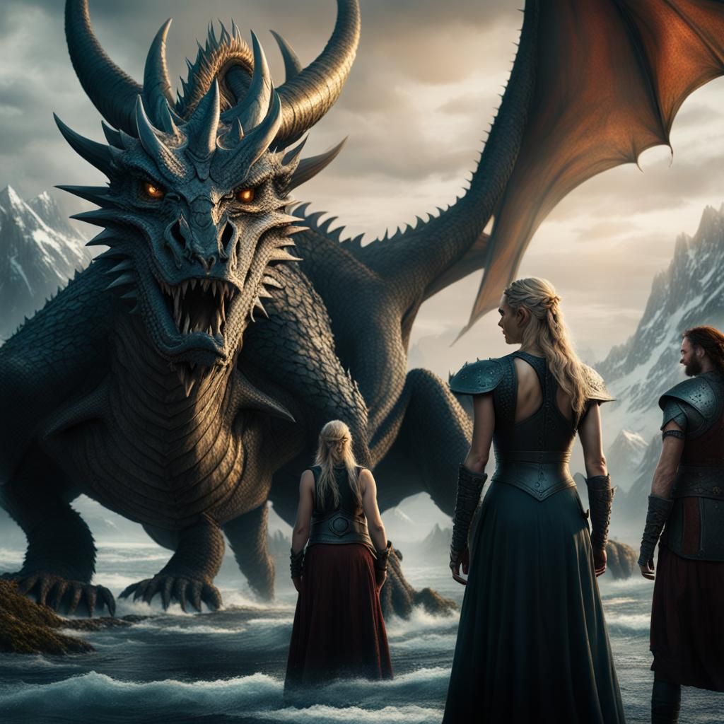 Epic Dragon Behind Viking Women: Digital Matte Painting