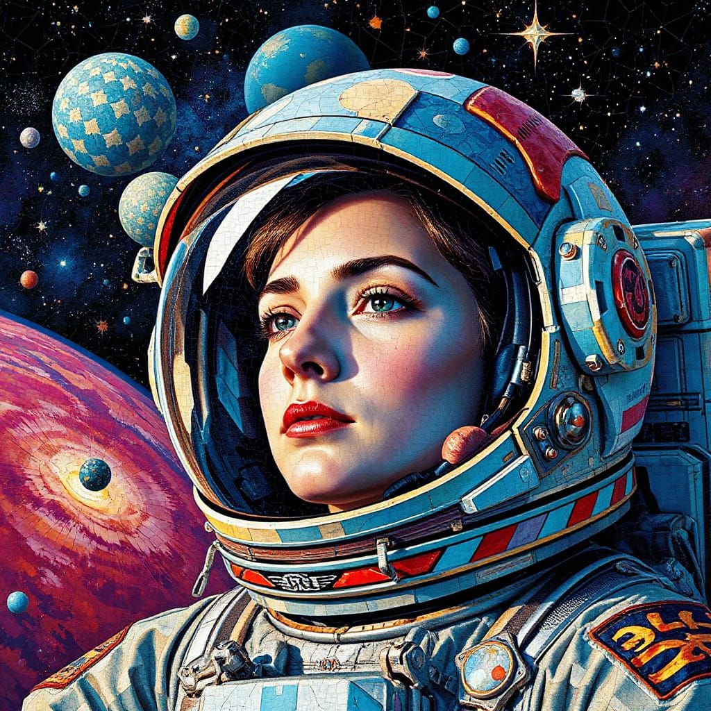 A serene majestic beautiful Russian astronaut in a wonder out space.
