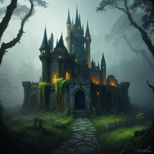 Fantasy Castle Ruins in Mystical Forest