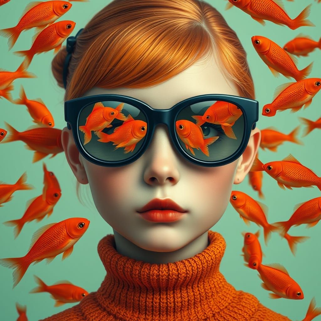Surreal Girl with Fishbowl Glasses in Ultra-Realistic Style