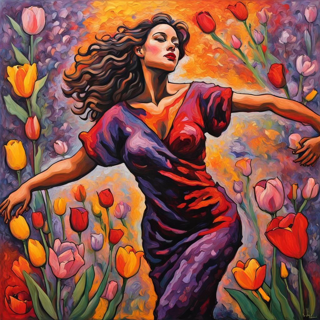 Dancing Woman in Floral Abstract Expressionist Style