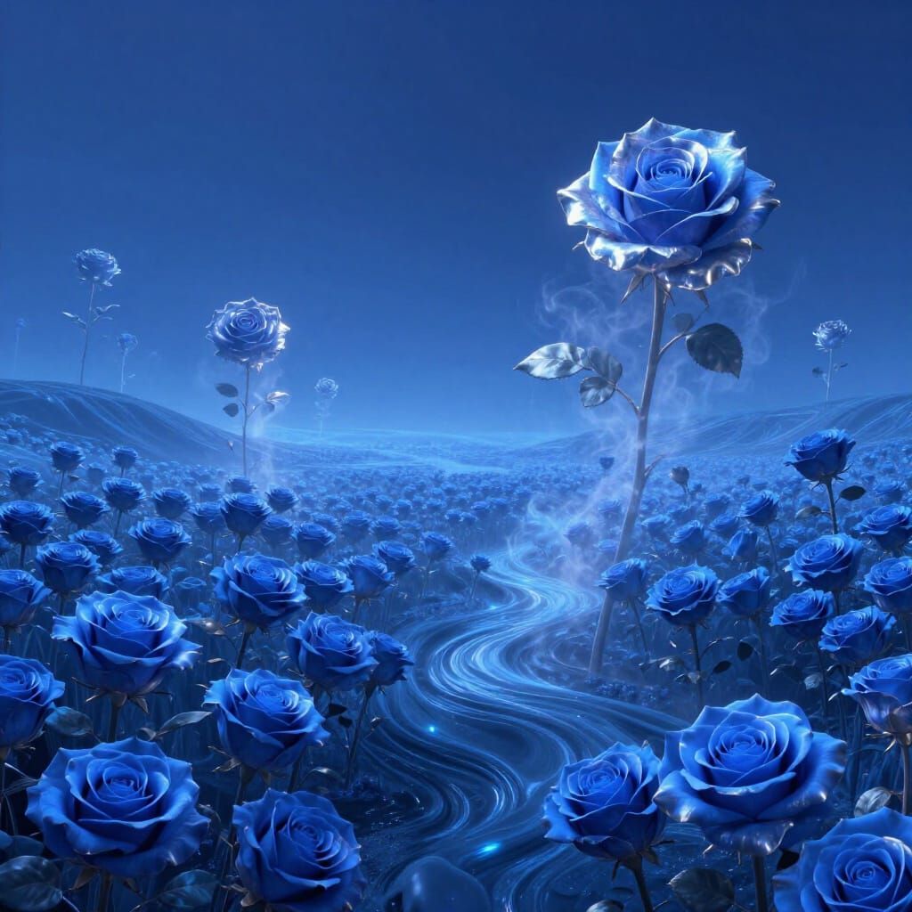Surreal Azure Dreamscape with Impossible Blooming Roses
