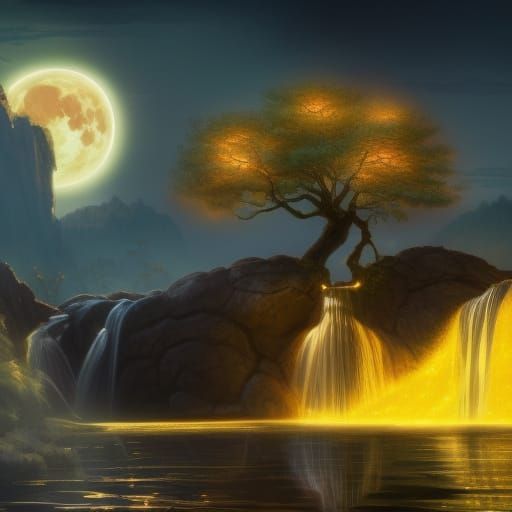Glowing Golden Tree on Lake: Fantasy Concept Art