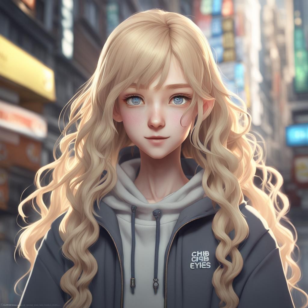 Teenage Girl with Blonde Hair in Anime Style