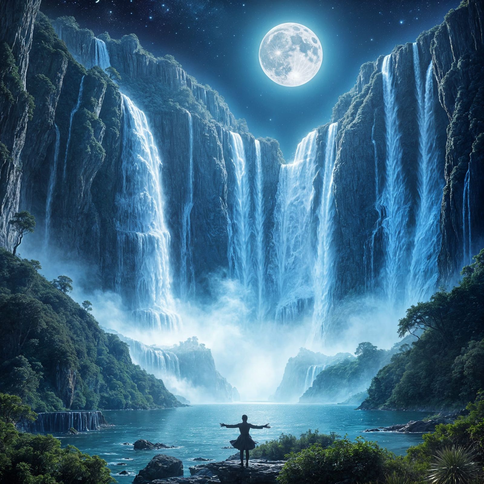 Majestic Waterfalls Under a Starry Night Sky