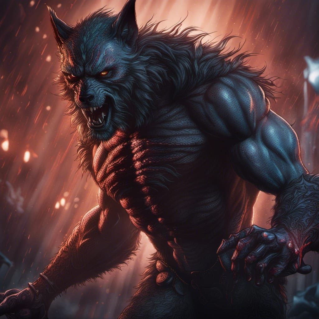 Muscular Werewolf Transformation, Detailed Fantasy Art