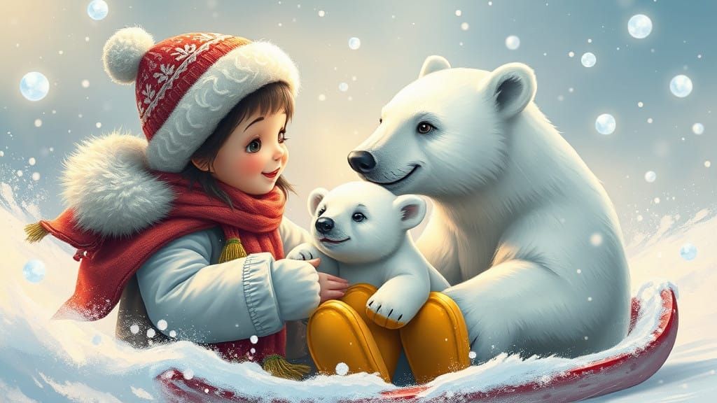 A Happy Eskimo Girl Meets Her Cute Polar Bear Friend in a Wi...