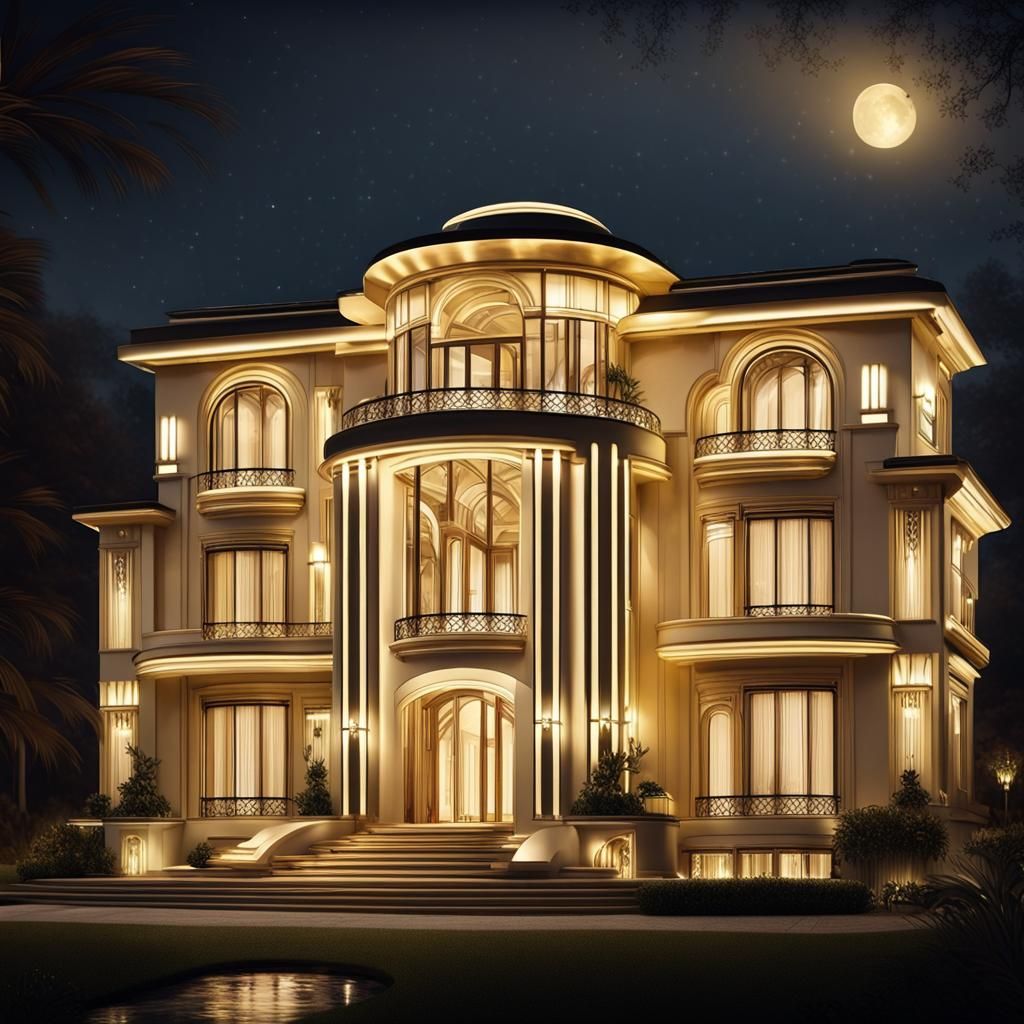 Art Deco Mansion at Night, Art Nouveau Style